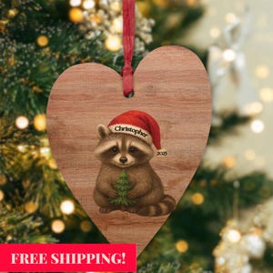 Personalized Raccoon Ornament | Wood Xmas Home Decor | Custom Name & Year | Baby First Christmas Keepsake | Woodland Animal Gift