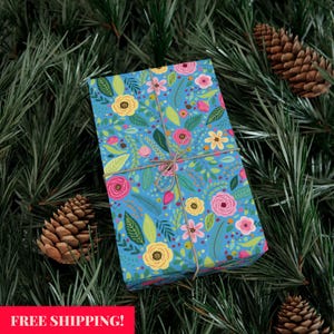 Sky Blue Floral Wrapping Paper | Pink and Yellow Flower Gift Wrap | Spring Birthday Wrap | Retro Floral Packaging | Wedding Wrapping Paper