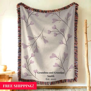 Personalized Grandparents Blanket | Woven Cotton Cottagecore Throw with Heart Leaf Design | Sentimental Gift for Grandma Grandpa