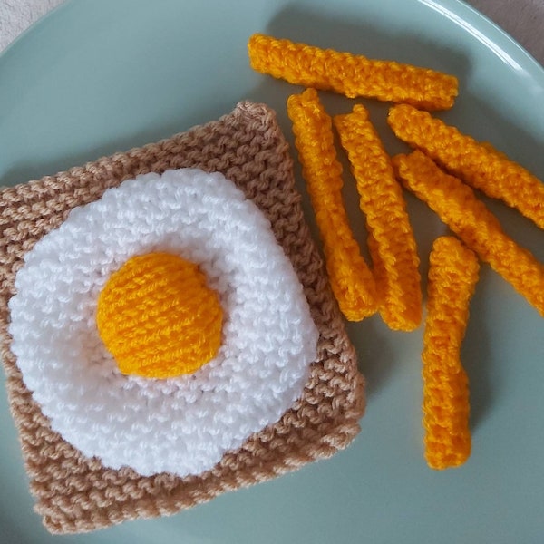 Egg, Fried egg. Toast, Chips, Poached Egg, Egg & Chips, Egg on toast. Fake food. Novelty Food, knitted food, Fast food.