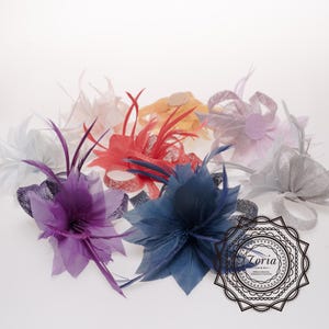 May include: Assortment of colorful fabric flower hair clips with feathers. The clips are in shades of purple, blue, red, pink, and white.