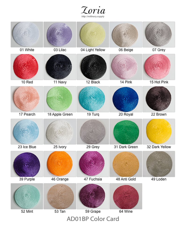 May include: A color card titled Zoria AD01BP featuring thirty circular woven straw discs in various colors including white, lilac, yellow, beige, grey, red, navy, black, pink, peach, green, turquoise, royal blue, brown, ivory, purple, orange, fuchsia, gold, and wine.