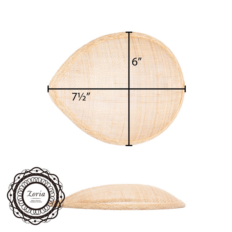 May include: A beige, oval-shaped sinamay fascinator base with a woven texture. The top view shows dimensions of 6 inches by 7.5 inches marked with black lines. A side profile view is included, along with a circular logo featuring the text Zoria.