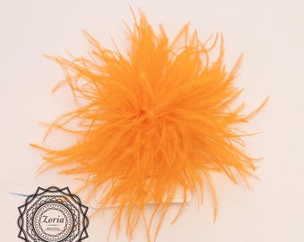 May include: A vibrant orange feather accessory with a fluffy, circular shape. The piece features long, wispy plumes radiating from a central point. In the bottom left corner, a black circular logo displays the text Zoria in a decorative frame.