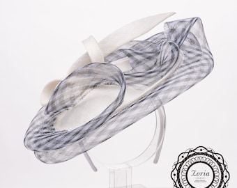 Sinamay Fascinator Headband Top Layered with Fancy Check pattern Crinoline Tube and Sinamay Ribbon special for Derby Party | 376-06