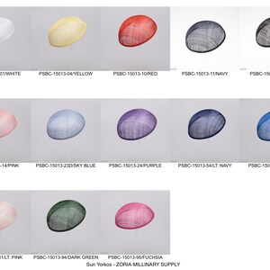May include: A collection of thirteen oval-shaped sinamay fascinator bases in various colors including white, yellow, red, navy, black, pink, sky blue, purple, light navy, royal blue, light pink, dark green, and fuchsia, labeled with product codes.