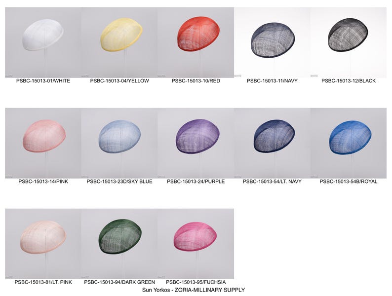 May include: A collection of thirteen oval-shaped sinamay fascinator bases in various colors including white, yellow, red, navy, black, pink, sky blue, purple, light navy, royal blue, light pink, dark green, and fuchsia, labeled with product codes.