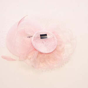 May include: A light pink fascinator hat featuring a circular base with a ribbed texture, a black label with the text KAKYCO, layered tulle netting, and a single feather accent. The accessory is constructed with delicate, sheer fabric elements.
