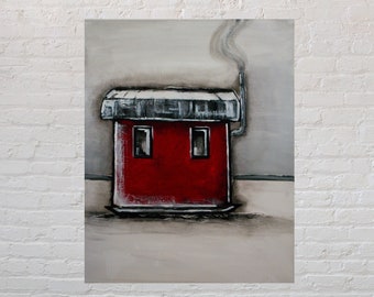 Red Ice Fishing Shanty Painting: Wisconsin Winter Art