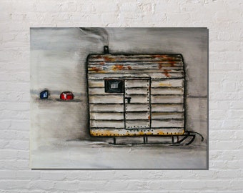Rusty Ice Shanty Painting: Original Acrylic Wisconsin Winter Lake Art (20x16)