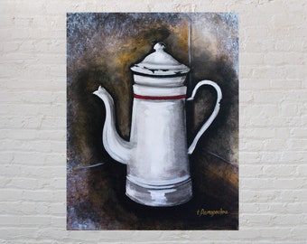 Original Signed Vintage Retro Metal Coffee Pot with Red Stripe/Coffee Pot painting/Original Signed Painting