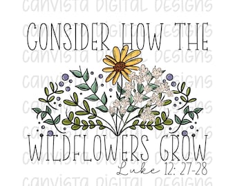 Consider How The Wildflowers Grow PNG File - Commercial Use Print File - Faith Based Design - Luke 12:27-28 Bible Verse - Faith Floral PNG