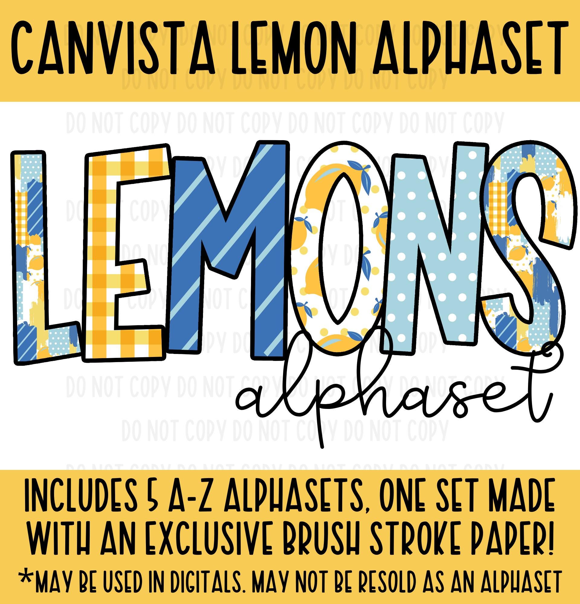Lemons Alphaset - A-Z Alphabet set - Lemons Polka Dots Blue Stripes PNG Files - Commercial Use - Lemon Digital Alphaset - Brush Stroke Paper