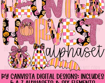 Haunted Harvest Alphaset - 5 A-Z Alphabet sets - Halloween Checkered Pumpkin Letter PNG Files - Girly Halloween Alpha - Ghost Pumpkins Bats