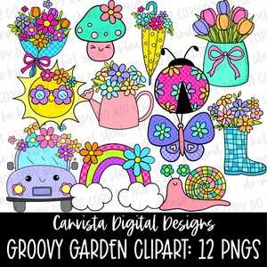 May include: A collection of colorful, cartoon-style garden-themed clip art. Includes a mushroom, ladybug, butterfly, rainbow, snail, car, and various flower arrangements. Text reads "Carvista Digital Designs GROOVY GARDEN CLIPART: 12 PNGS."