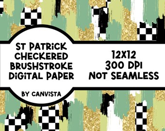 St Patrick Checkered Brush Stroke Digital Paper - St Patty&#39;s Day PNG File - Commercial Use - St Patrick Digital Download PNG - Gold Glitter