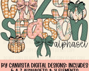 Cozy Season Alphaset - 5 A-Z Alphabet sets - Fall Checkered Pumpkin Dots PNG Files - Commercial Use - Boho Cottage Core Fall Letter Files
