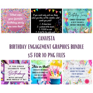 May include: A set of 10 colorful birthday party engagement graphics for social media. The graphics feature confetti, candles, and cupcakes. The text on the graphics includes questions like "What was your favorite birthday party you ever had?" and "If you could only pick one thing when you blow out the candles, what would you pick?"