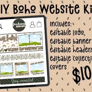 May include: A digital tablet displays a DIY Boho Website Kit. The kit includes an editable logo, banner, headers, and collection covers. The tablet screen shows website design elements with the text "hey babe!", "thanks for stopping by!", and "Shop seasonal items".
