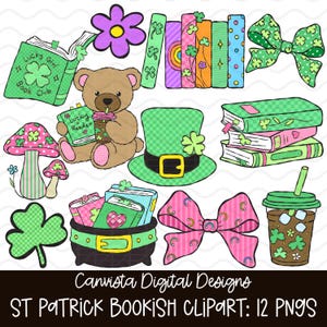 Puede incluir: Una colección de imágenes prediseñadas digitales con temática del Día de San Patricio. Incluye libros, un oso de peluche, un sombrero de duende, una olla de oro, lazos, setas, una flor y una bebida. El texto de la imagen dice "Lucky Girl Book Club" y "Lucky Reader".