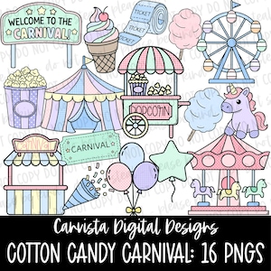 May include: A collection of carnival-themed digital designs. The image includes a Ferris wheel, carousel, popcorn cart, cotton candy, ice cream cone, balloons, and a unicorn. Text includes "WELCOME TO THE CARNIVAL!" and "COTTON CANDY CARNIVAL: 16 PNGS".