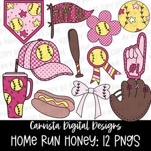 Home Run Honey Softball Clipart Set - Pink Softball – 12 PNG Elements – Clip Art for Digital Designs - Commercial License Included