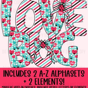 May include: A digital design featuring the words "LOVE BUG" in a playful font. The letters are decorated with hearts, ladybugs, and cars. The design includes two alphabets and two elements, perfect for digital use.