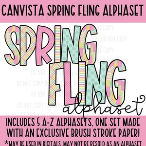 May include: A digital clipart set of alphabet letters in a spring theme. The letters are pink, green, and yellow with a variety of patterns. The text "Spring Fling Alphaset" is at the top of the image. The text "Includes 5 A-Z Alphasets, one set made with an exclusive brush stroke paper! *May be used in digitals. May not be resold as an alphaset" is at the bottom of the image.