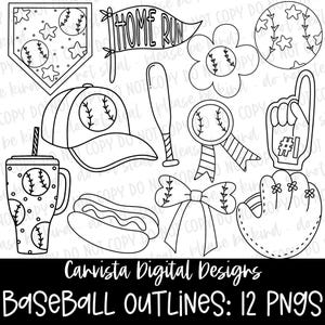 Puede incluir: Contornos digitales en blanco y negro con temática de béisbol. Incluye una gorra de béisbol, una pelota de béisbol, un bate, un perrito caliente, un dedo de espuma, un lazo, un guante, una base, una flor, una taza y una pancarta que dice "Home Run".