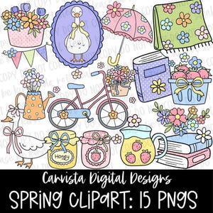 Könnte beinhalten: Eine Sammlung digitaler Cliparts zum Thema Frühling. Enthält ein rosa Fahrrad, eine Gans mit Schleife, Blumen, einen rosa Regenschirm, ein Buch, Gläser mit Honig und Marmelade sowie eine Kanne Limonade mit Erdbeeren. Text: "Carvista Digital Designs SPRING CLIPART: 15 PNGs."