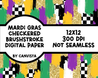 Mardi Gras Checkered Brush Stroke Digital Paper - Mardi Gras Day PNG File - Commercial Use - Digital Paper Download - Glitter Brush Stroke