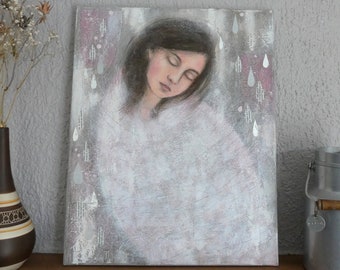 Peinture "Cocon" fille femme cocon cocooning douceur mots protégé apaisé gouttes d'argent avec ou sans cadre