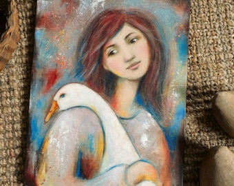 Peinture " Avec mon oie "  Oie femme fille campagne animaux de la ferme avec cadre ou non