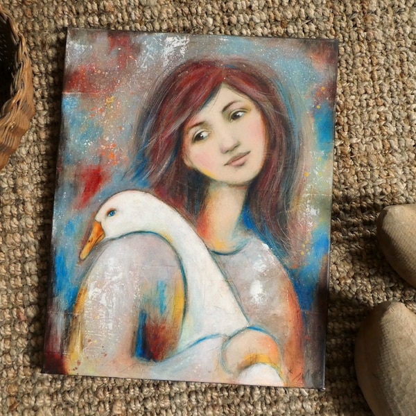 Peinture " Avec mon oie "  Oie femme fille campagne animaux de la ferme avec cadre ou non