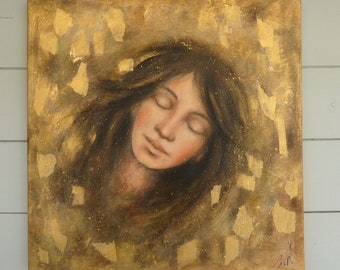 Dipinto "Golden Dreams" Ritratto di ragazza, donna sognante nei suoi sogni che dorme, morbidezza, relax dorato