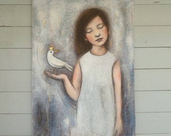 Peinture "S'il faut que tu t'envoles" Petite fille avec oiseau couronné robe blanche rêve songe 50x70 cm