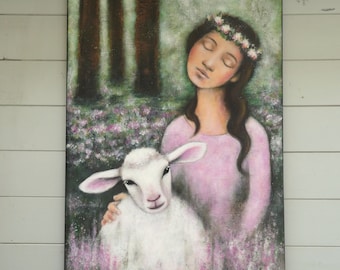 Peinture " La Reine et le Mouton " Mouton agneau jeune femme robe rose couronne de fleurs bergère ferme campagne