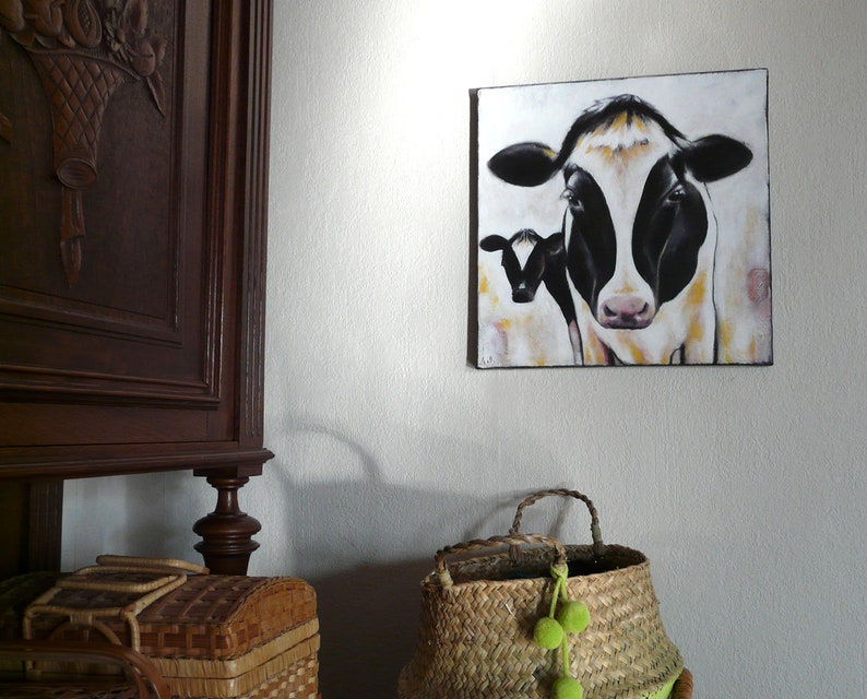 Painting black and white cow 40 x 40 cm
