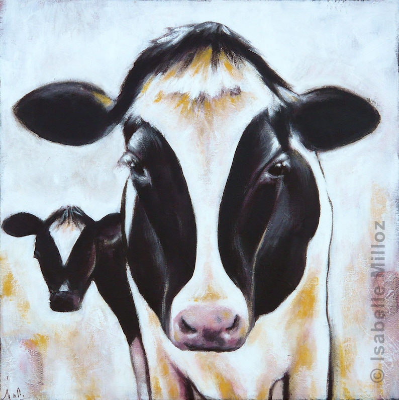 Painting black and white cow 40 x 40 cm