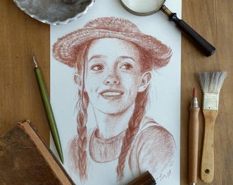 Portrait de Anne de Green Gables "Anne with an E" original ou impression haute qualité Fine Art sanguine sur papier Arches blanc