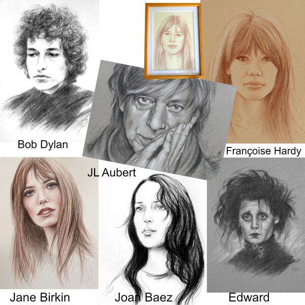 Original portraits Françoise Hardy Bob Dylan Jean-Louis Aubert Jane Birkin Joan Baez Edward Scissorhands