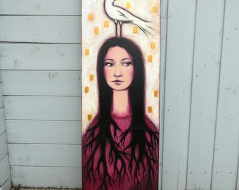 Peinture "De là d’où nous venons" femme avec cheveux longs racines oiseau blanc sur la tête