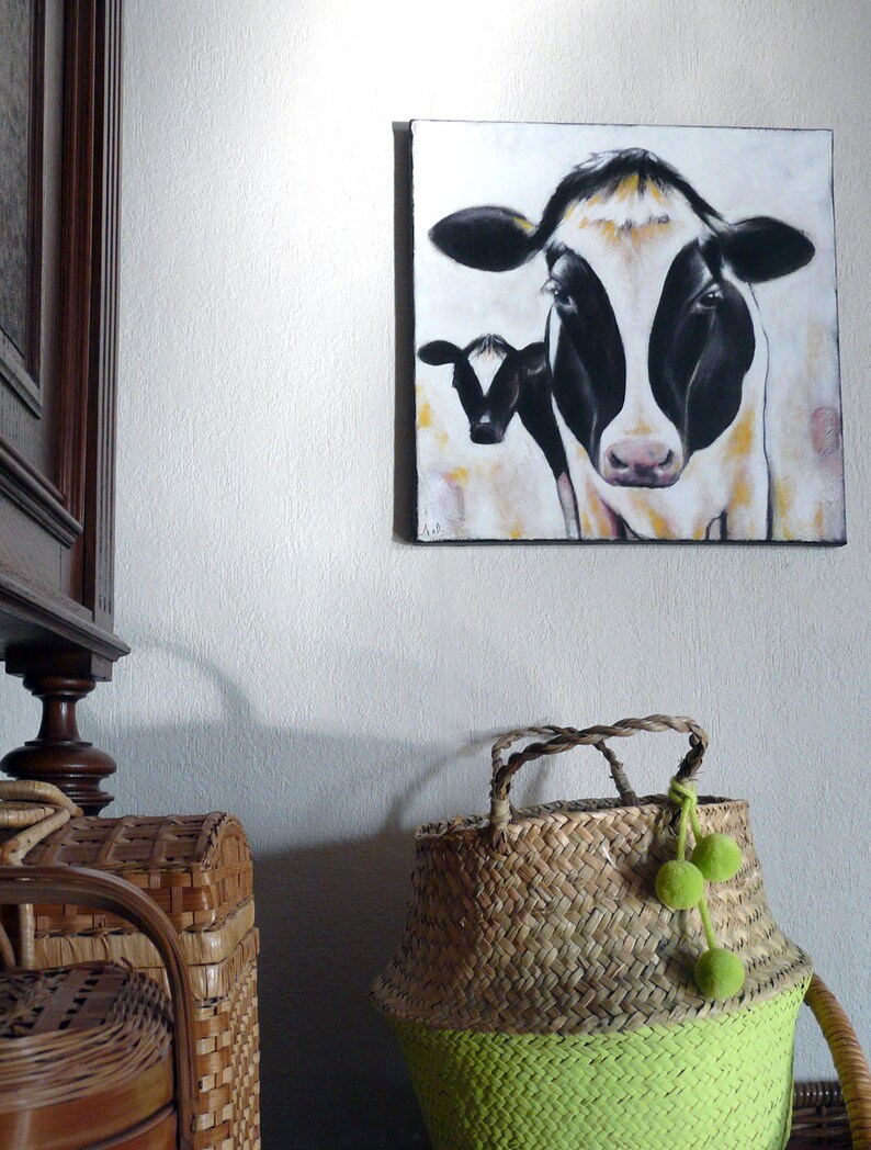 Painting black and white cow 40 x 40 cm