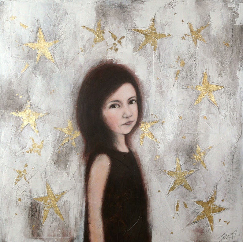 Peinture petite fille entourée d'étoiles les étoiles entre elle image 2