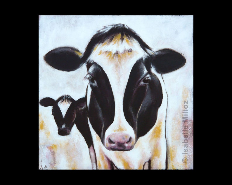Painting black and white cow 40 x 40 cm