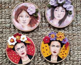 Peintures originales Frida Kahlo ou portraits de femmes fleurs au crochet dans tambour à broder