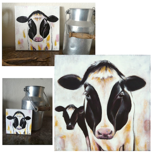 Peinture Vache noire et blanche sur toile en 3 formats différents