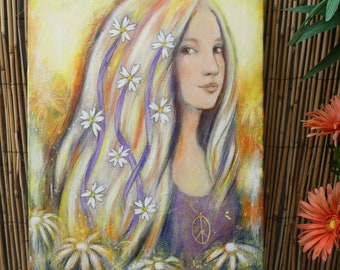 Peinture Flower power hippie " Flowers in your hair " San Francisco jeune fille fleurs