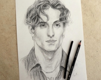 Porträt von Damiano David Maneskin. Hochwertiger Druck oder Originalporträt, gezeichnet mit Künstlerstiften auf Papier.