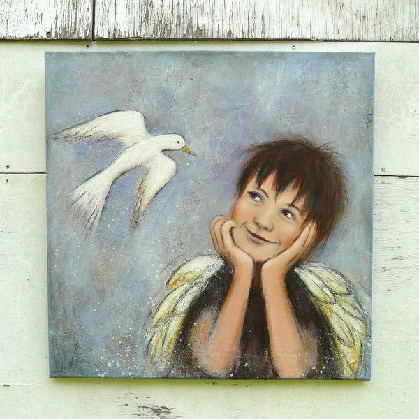 Peinture "Nous on sait" garçon ange ailes oiseau blanc